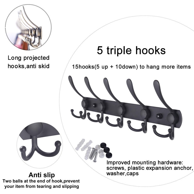 WEBI Coat Rack Wall Mount,5 Tri Hooks for Hanging,Coat Hooks Wall Mount,Hook Rack Rail,Coat Hanger Wall for Jacket,Clothes,Hats,Black,2 Packs - Image 2